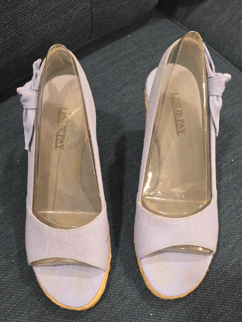 Leslie Fay Light Blue Open-Toe Wedge Sandals with Side Bow